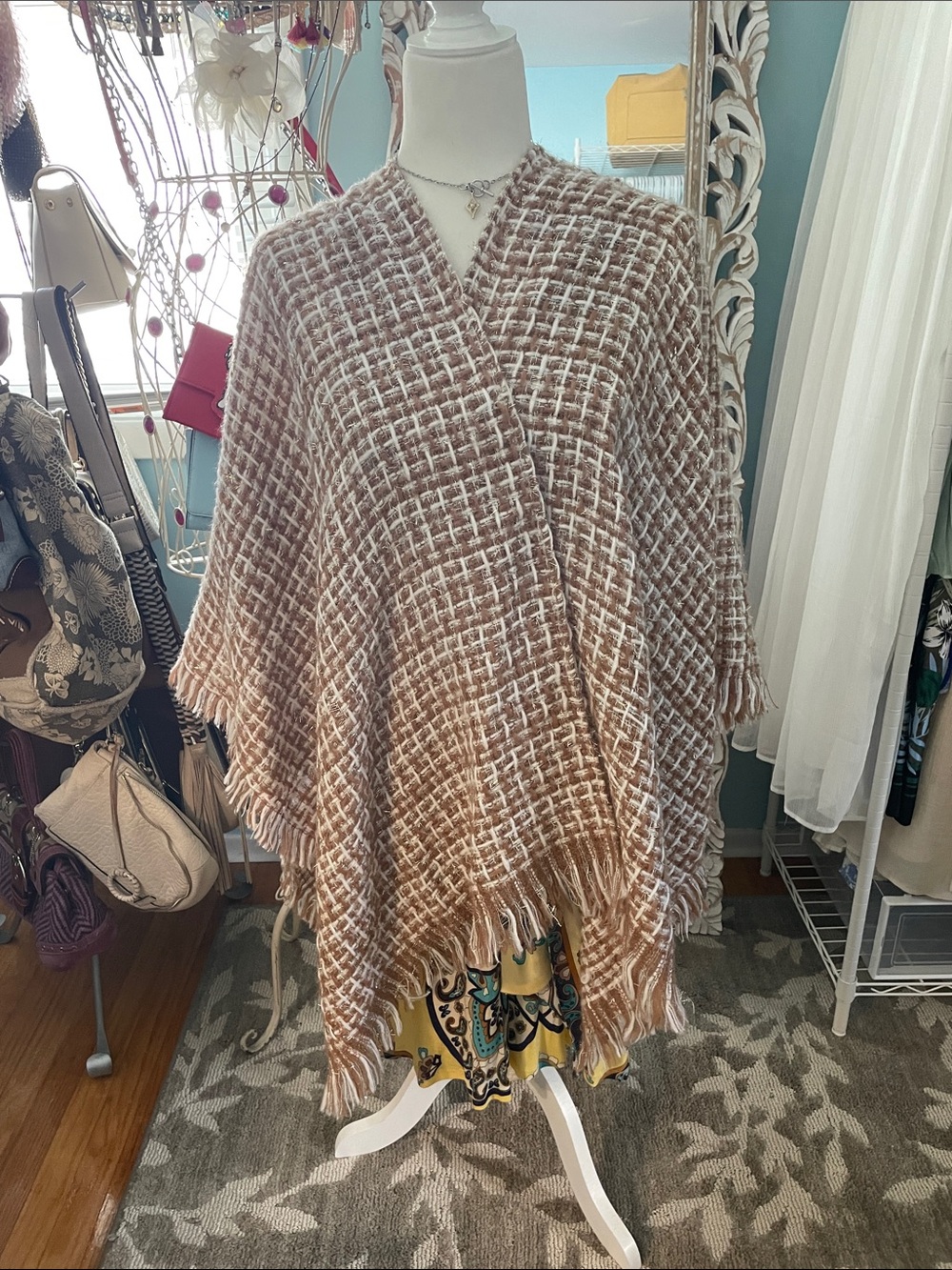 Juicy Couture Beige and White Woven Poncho